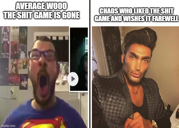 e | CHADS WHO LIKED THE SHIT GAME AND WISHES IT FAREWELL; AVERAGE WOOO THE SHIT GAME IS GONE | image tagged in average fan vs average enjoyer | made w/ Imgflip meme maker