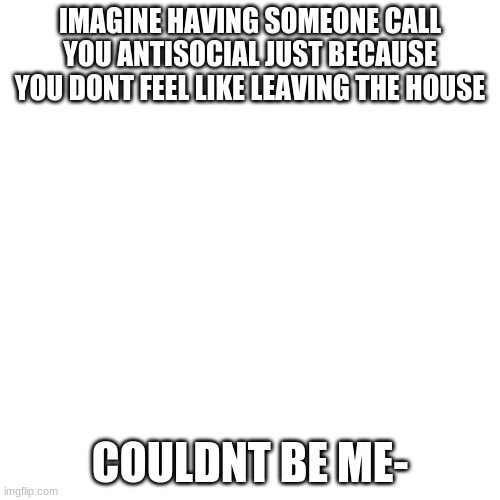 Blank Transparent Square Meme | IMAGINE HAVING SOMEONE CALL YOU ANTISOCIAL JUST BECAUSE YOU DONT FEEL LIKE LEAVING THE HOUSE; COULDNT BE ME- | image tagged in memes,blank transparent square | made w/ Imgflip meme maker