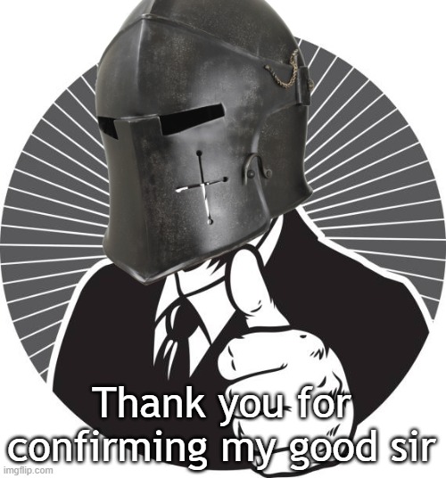 Thumbs Up Crusader | Thank you for confirming my good sir | image tagged in thumbs up crusader | made w/ Imgflip meme maker