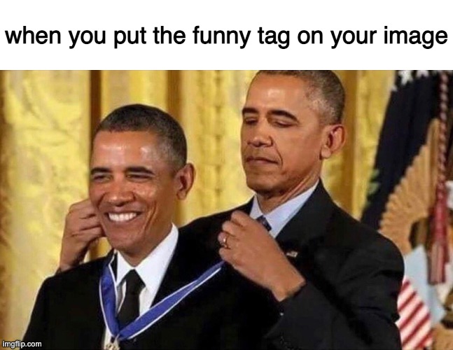 obama medal | when you put the funny tag on your image | image tagged in obama medal,funny | made w/ Imgflip meme maker