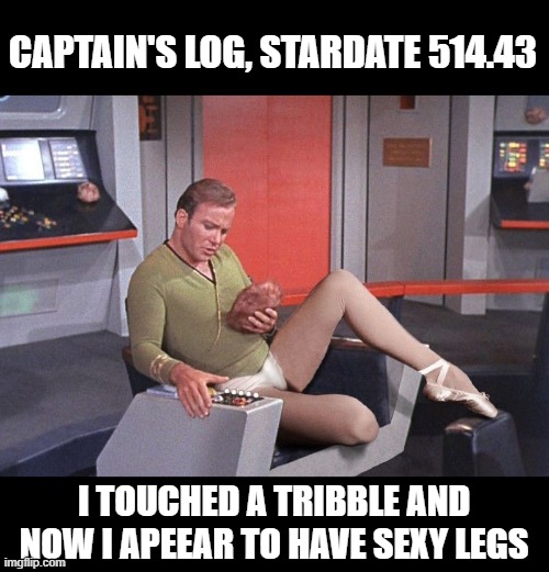 Tribble Disease | CAPTAIN'S LOG, STARDATE 514.43; I TOUCHED A TRIBBLE AND NOW I APEEAR TO HAVE SEXY LEGS | image tagged in tribbles | made w/ Imgflip meme maker