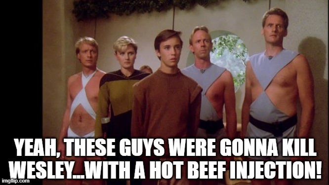The HomoErotic World | YEAH, THESE GUYS WERE GONNA KILL WESLEY...WITH A HOT BEEF INJECTION! | image tagged in wesley crusher,star trek the next generation | made w/ Imgflip meme maker