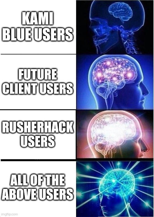Expanding Brain | KAMI BLUE USERS; FUTURE CLIENT USERS; RUSHERHACK USERS; ALL OF THE ABOVE USERS | image tagged in memes,expanding brain | made w/ Imgflip meme maker