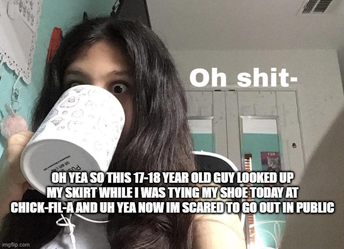 *even more scared | OH YEA SO THIS 17-18 YEAR OLD GUY LOOKED UP MY SKIRT WHILE I WAS TYING MY SHOE TODAY AT CHICK-FIL-A AND UH YEA NOW IM SCARED TO GO OUT IN PUBLIC | image tagged in val oh shit | made w/ Imgflip meme maker