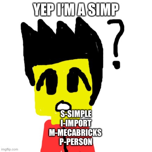 Lego anime confused face | YEP I’M A SIMP; S-SIMPLE
I-IMPORT
M-MECABRICKS 
P-PERSON | image tagged in lego anime confused face | made w/ Imgflip meme maker