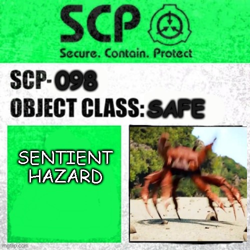 SCP-098 Label |  098; SAFE; SENTIENT HAZARD | image tagged in scp label template safe | made w/ Imgflip meme maker