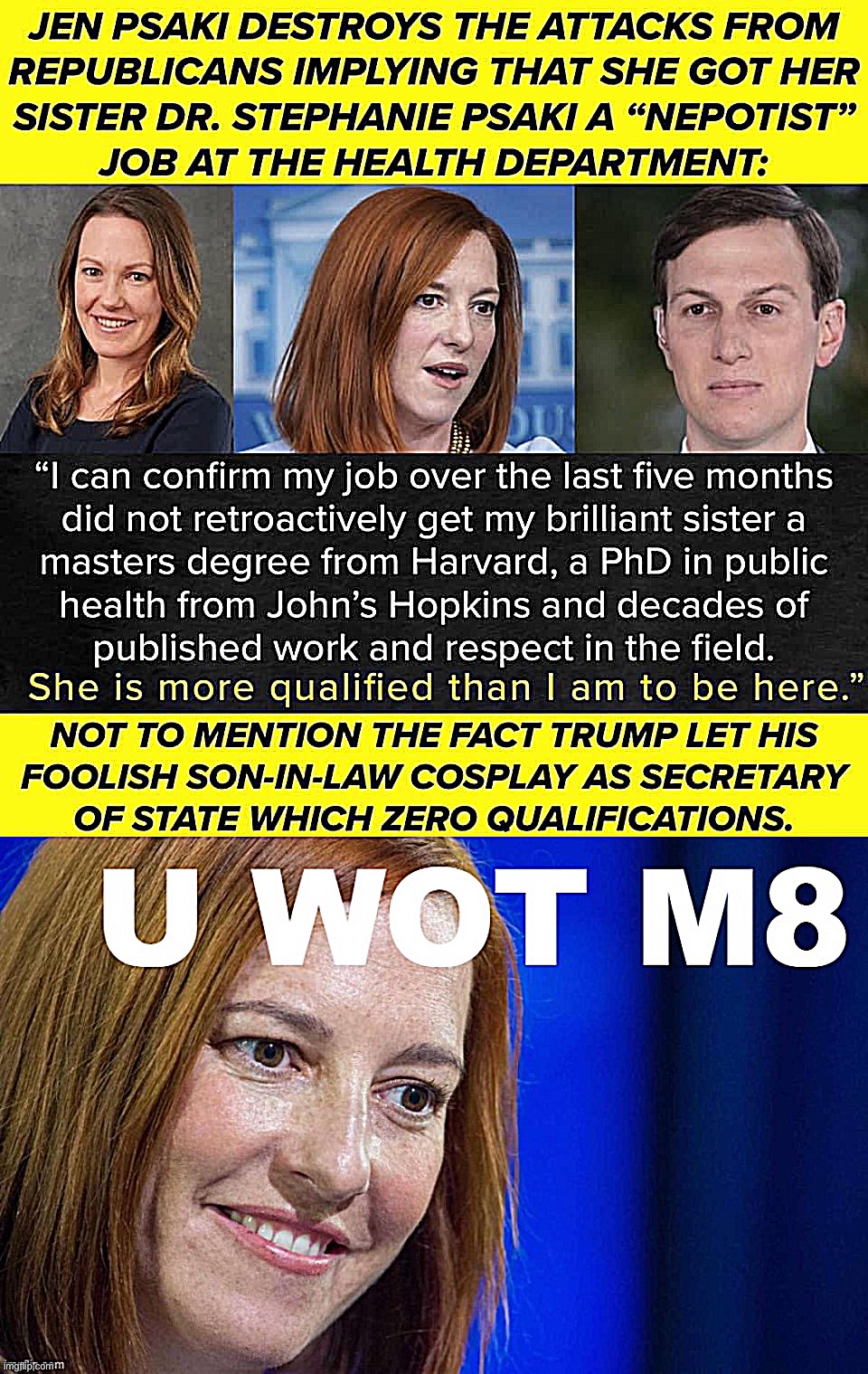 Oof, take a walk Repubs take a walk | image tagged in jen psaki smackdown,jen psaki u wot m8 | made w/ Imgflip meme maker