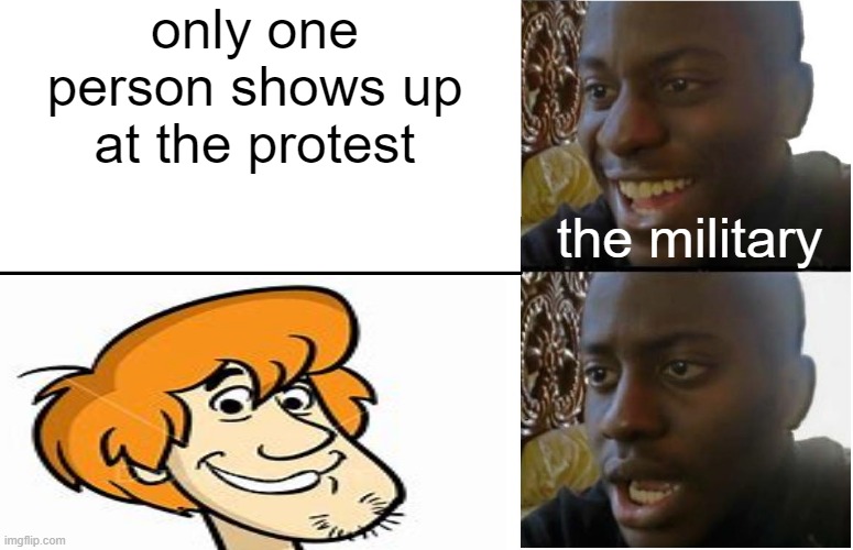 Disappointed Black Guy | only one person shows up at the protest; the military | image tagged in disappointed black guy | made w/ Imgflip meme maker