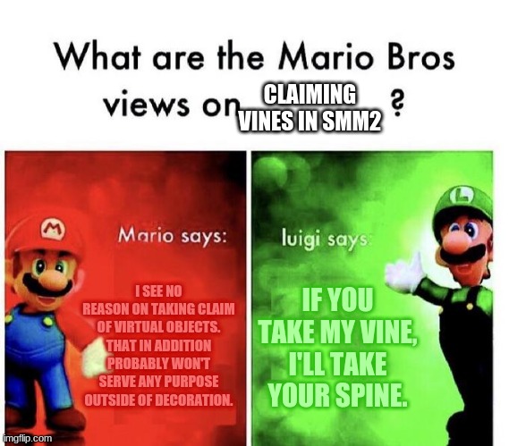 When did claiming vines start in super Mario maker 2? | CLAIMING VINES IN SMM2; I SEE NO REASON ON TAKING CLAIM OF VIRTUAL OBJECTS. THAT IN ADDITION PROBABLY WON'T SERVE ANY PURPOSE OUTSIDE OF DECORATION. IF YOU TAKE MY VINE, I'LL TAKE YOUR SPINE. | image tagged in mario bros views | made w/ Imgflip meme maker
