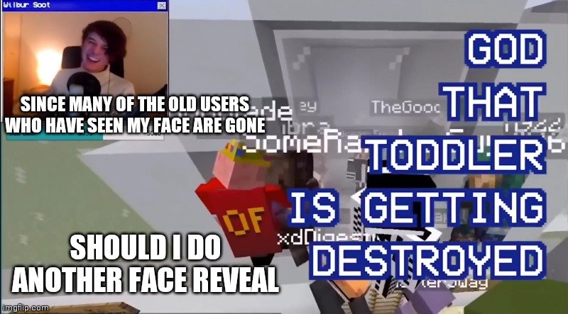 On a side note I love techno | SINCE MANY OF THE OLD USERS WHO HAVE SEEN MY FACE ARE GONE; SHOULD I DO ANOTHER FACE REVEAL | image tagged in god that toddler is getting destroyed | made w/ Imgflip meme maker