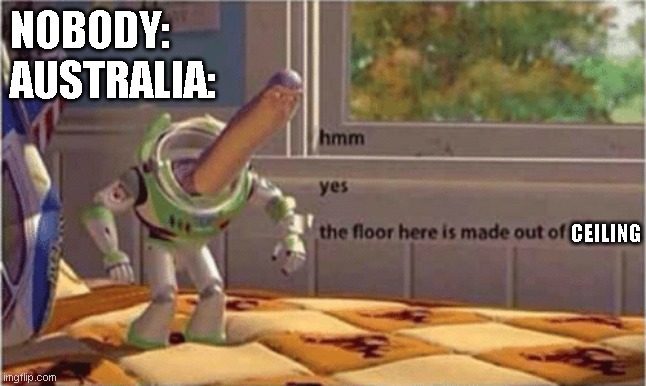 ɐᴉlɐɹʇsnɐ | NOBODY:
AUSTRALIA:; CEILING | image tagged in hmm yes the floor here is made out of floor | made w/ Imgflip meme maker