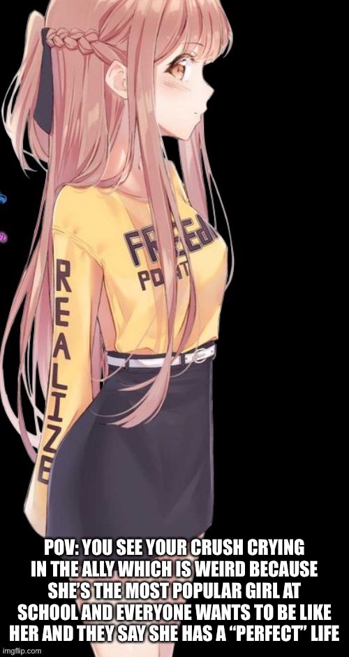 POV: YOU SEE YOUR CRUSH CRYING IN THE ALLY WHICH IS WEIRD BECAUSE SHE’S THE MOST POPULAR GIRL AT SCHOOL AND EVERYONE WANTS TO BE LIKE HER AND THEY SAY SHE HAS A “PERFECT” LIFE | made w/ Imgflip meme maker