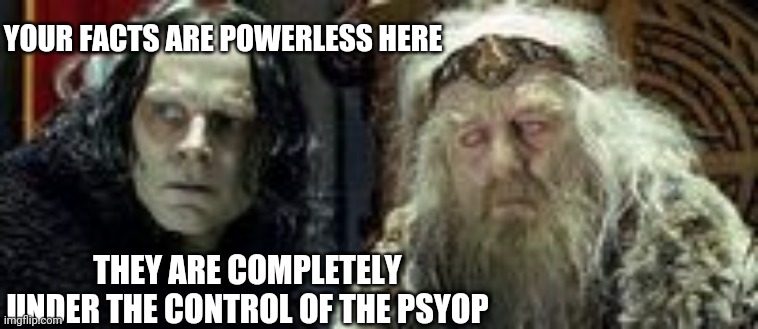 Powerless King | YOUR FACTS ARE POWERLESS HERE THEY ARE COMPLETELY UNDER THE CONTROL OF THE PSYOP | image tagged in powerless king | made w/ Imgflip meme maker