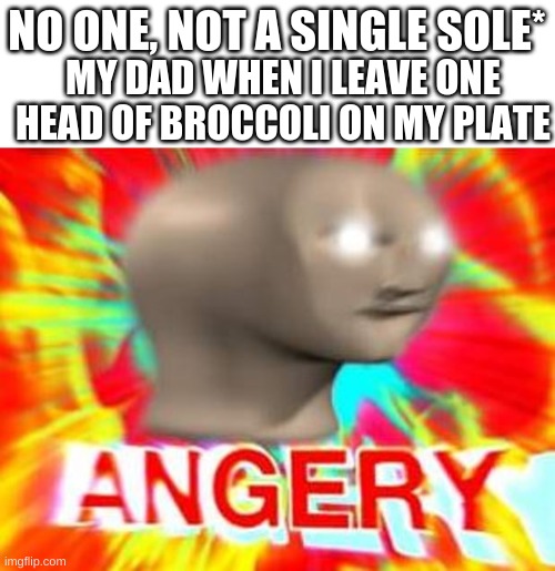 Surreal Angery | NO ONE, NOT A SINGLE SOLE*; MY DAD WHEN I LEAVE ONE HEAD OF BROCCOLI ON MY PLATE | image tagged in surreal angery,funny,memes,angry,meme man,middle school | made w/ Imgflip meme maker