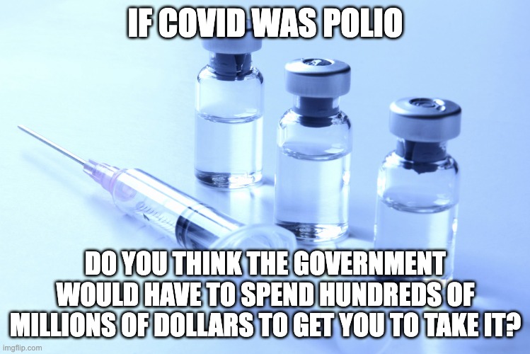 You're being scammed | IF COVID WAS POLIO; DO YOU THINK THE GOVERNMENT WOULD HAVE TO SPEND HUNDREDS OF MILLIONS OF DOLLARS TO GET YOU TO TAKE IT? | image tagged in vaccine | made w/ Imgflip meme maker
