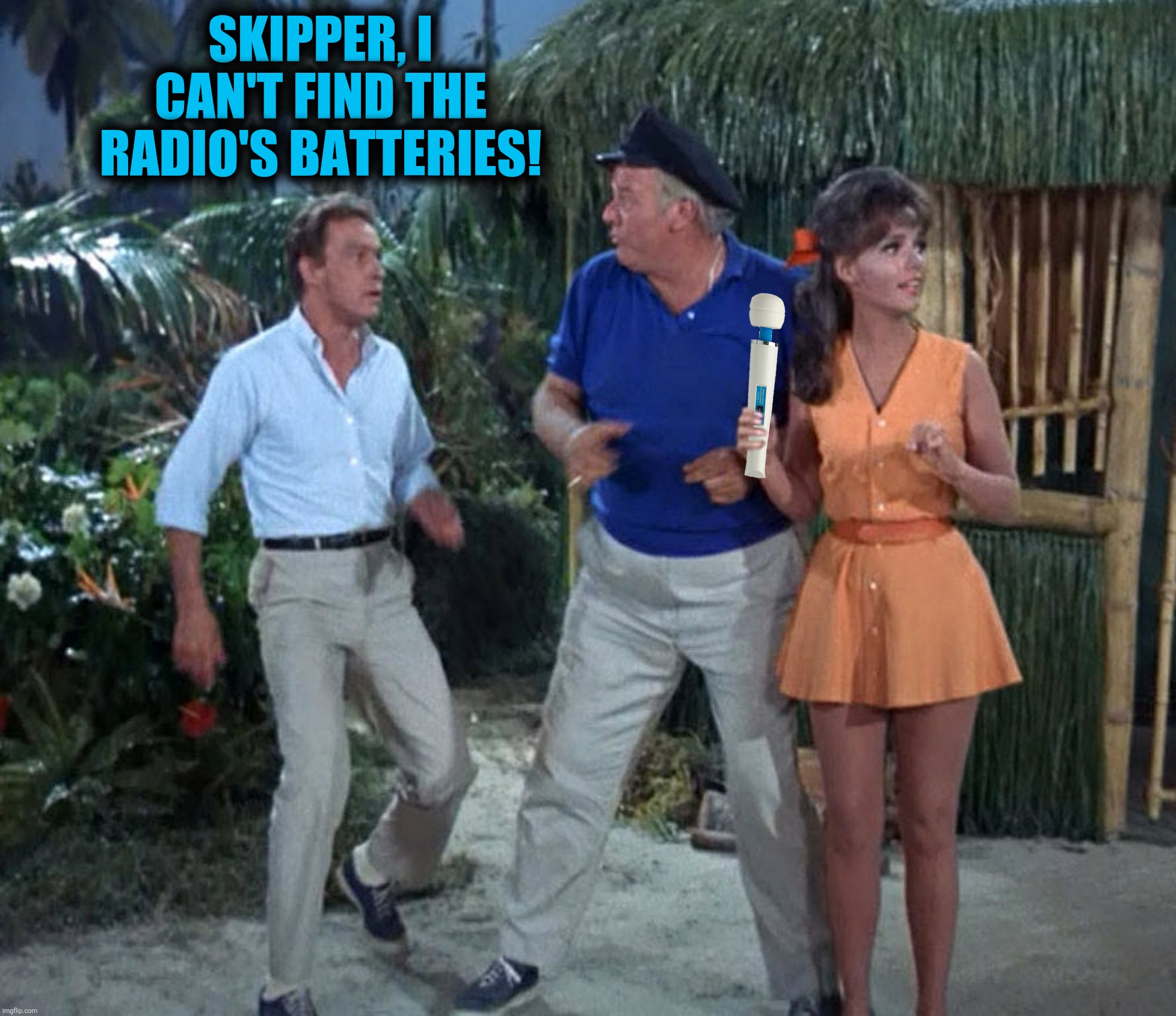 Gilligan's Thighland |  SKIPPER, I CAN'T FIND THE RADIO'S BATTERIES! | image tagged in bad photoshop,gilligan's island,batteries | made w/ Imgflip meme maker