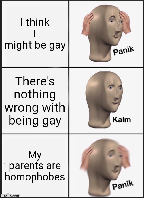 Panik Kalm Panik | I think I might be gay; There's nothing wrong with being gay; My parents are homophobes | image tagged in memes,panik kalm panik | made w/ Imgflip meme maker