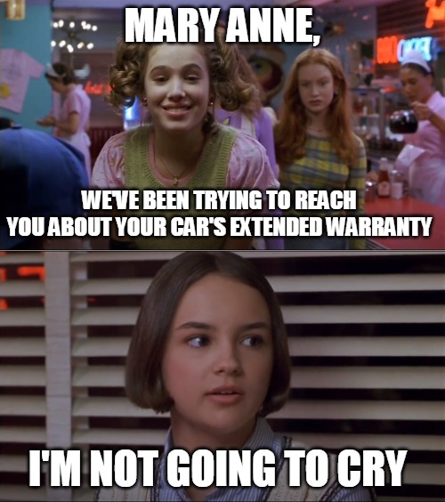 Cokie Talks to Mary Anne | MARY ANNE, WE'VE BEEN TRYING TO REACH YOU ABOUT YOUR CAR'S EXTENDED WARRANTY; I'M NOT GOING TO CRY | image tagged in cokie talks to mary anne,memes,extended warranty | made w/ Imgflip meme maker