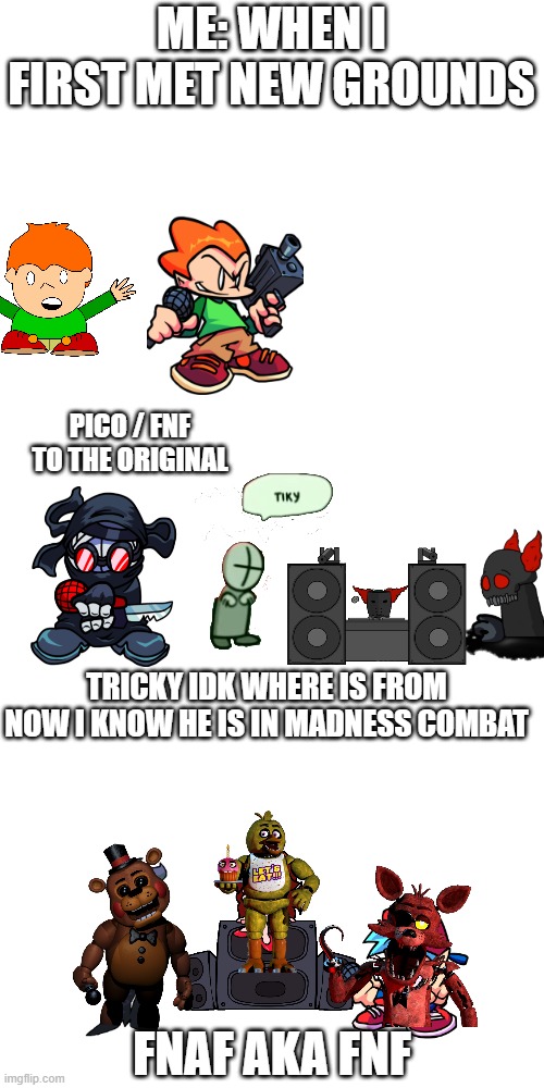 My first met in new grounds | ME: WHEN I FIRST MET NEW GROUNDS; PICO / FNF TO THE ORIGINAL; TRICKY IDK WHERE IS FROM NOW I KNOW HE IS IN MADNESS COMBAT; FNAF AKA FNF | image tagged in memes,blank transparent square | made w/ Imgflip meme maker