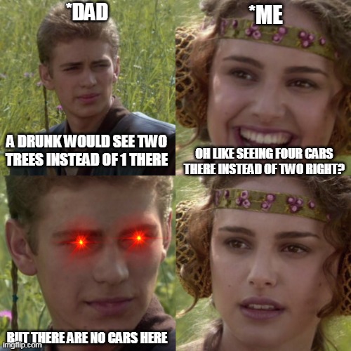 Trying to hide my drunk-ness from Dad | *DAD; *ME; A DRUNK WOULD SEE TWO TREES INSTEAD OF 1 THERE; OH LIKE SEEING FOUR CARS THERE INSTEAD OF TWO RIGHT? BUT THERE ARE NO CARS HERE | image tagged in for the better right blank | made w/ Imgflip meme maker