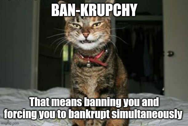 Pun-ishments of ban-kruptcy | image tagged in puns,banned,bankruptcy,ban,punishment | made w/ Imgflip meme maker