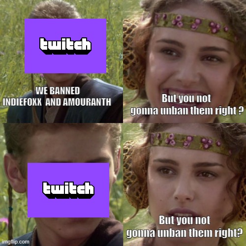 I'm sure they get unbanned after a few days  as always | But you not  gonna unban them right ? WE BANNED INDIEFOXX  AND AMOURANTH; But you not gonna unban them right? | image tagged in for the better right blank,egirl,twitch | made w/ Imgflip meme maker