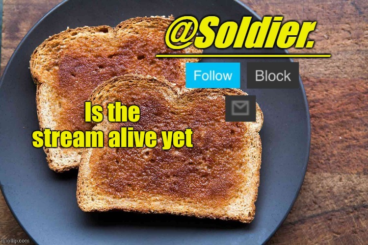 Soldier. Bread Temp | Is the stream alive yet | image tagged in soldier bread temp | made w/ Imgflip meme maker