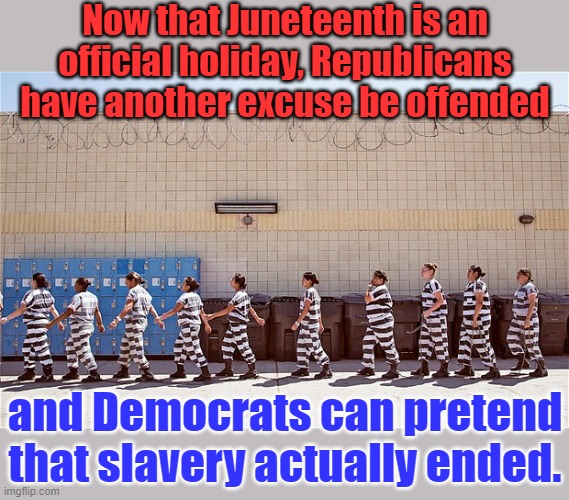 The prison-industrial complex is the new plantation. | Now that Juneteenth is an official holiday, Republicans have another excuse be offended; and Democrats can pretend that slavery actually ended. | image tagged in gop approved american slavery- joe araphoschain gang,juneteenth,prison,labor | made w/ Imgflip meme maker