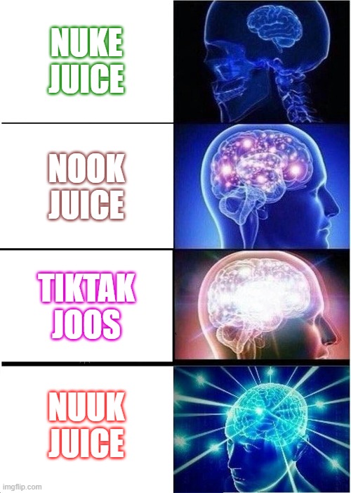 Nuuk juice is better than nuke juice. | NUKE JUICE; NOOK JUICE; TIKTAK JOOS; NUUK JUICE | image tagged in memes,expanding brain | made w/ Imgflip meme maker