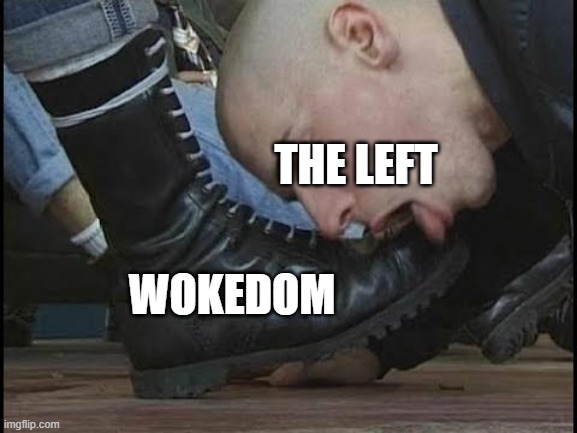 leftist boot lickers |  THE LEFT; WOKEDOM | image tagged in boot licker,woke,brainwashed,illogical | made w/ Imgflip meme maker