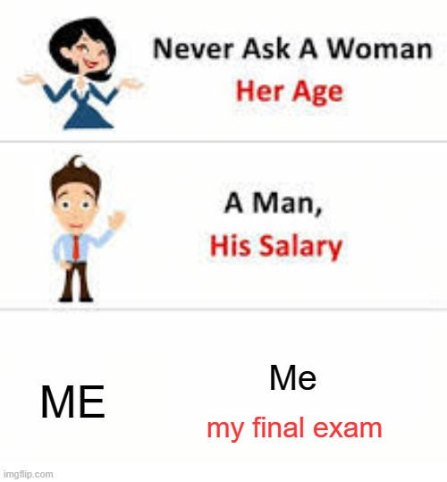 never ask | Me; ME; my final exam | image tagged in never ask a woman her age | made w/ Imgflip meme maker