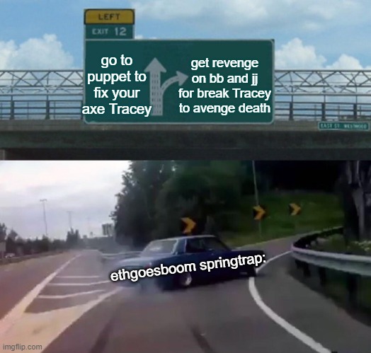 go to puppet to fix your axe Tracey; get revenge on bb and jj for break Tracey to avenge death; ethgoesboom springtrap: | made w/ Imgflip meme maker