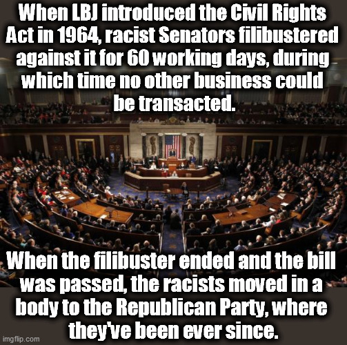 Just as racist now as they were 60 years ago, they are threatening to filibuster to f*ck over millions of American citizens. | When LBJ introduced the Civil Rights 
Act in 1964, racist Senators filibustered 
against it for 60 working days, during 
which time no other business could 
be transacted. When the filibuster ended and the bill 
was passed, the racists moved in a 
body to the Republican Party, where 
they've been ever since. | image tagged in congress,racist,senators,civil rights,voting | made w/ Imgflip meme maker