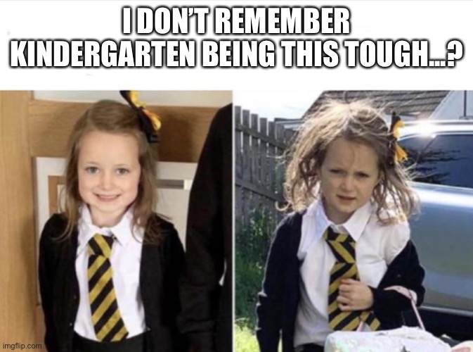 School girl | I DON’T REMEMBER KINDERGARTEN BEING THIS TOUGH...? | image tagged in kindergarten,tough | made w/ Imgflip meme maker