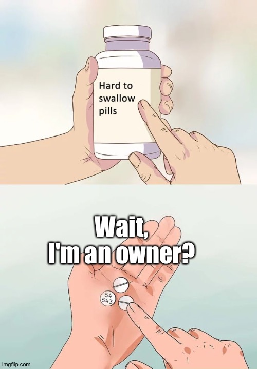 I just realized lol | Wait, I'm an owner? | image tagged in memes,hard to swallow pills | made w/ Imgflip meme maker