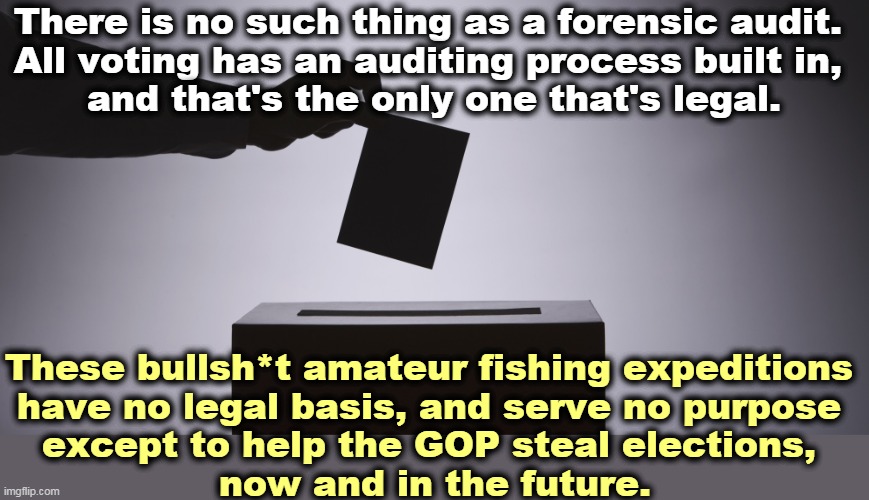 When a Republican starts braying about "election integrity" that should trigger your B.S. detector. | There is no such thing as a forensic audit. 
All voting has an auditing process built in, 
and that's the only one that's legal. These bullsh*t amateur fishing expeditions 
have no legal basis, and serve no purpose 
except to help the GOP steal elections, 
now and in the future. | image tagged in ballot | made w/ Imgflip meme maker