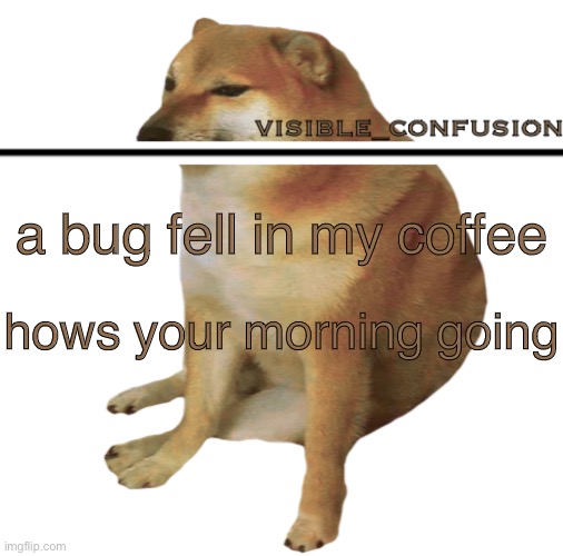 v_c cheems template | a bug fell in my coffee; hows your morning going | image tagged in v_c cheems template | made w/ Imgflip meme maker