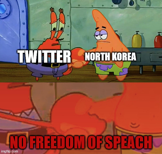 and also Roblox |  NORTH KOREA; TWITTER; NO FREEDOM OF SPEACH | image tagged in patrick and mr krabs handshake,north korea,twitter | made w/ Imgflip meme maker