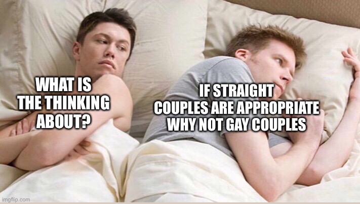 Srsly I bet that is keeping him up all night | IF STRAIGHT COUPLES ARE APPROPRIATE WHY NOT GAY COUPLES; WHAT IS THE THINKING ABOUT? | image tagged in gay,couple,memes,i don't need sleep i need answers,homophobia | made w/ Imgflip meme maker