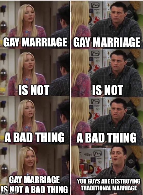 Phoebe Joey | GAY MARRIAGE; GAY MARRIAGE; IS NOT; IS NOT; A BAD THING; A BAD THING; YOU GUYS ARE DESTROYING TRADITIONAL MARRIAGE; GAY MARRIAGE IS NOT A BAD THING | image tagged in phoebe joey | made w/ Imgflip meme maker