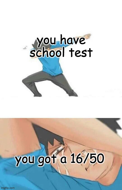 Dab crying | you have school test; you got a 16/50 | image tagged in dab crying,i hate school | made w/ Imgflip meme maker