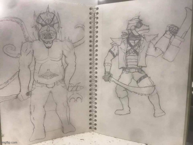 Possible enemies for video game: Lovecraftian Cyclops, Crocodilian Reptoid Pirate (influenced by Kremlins from Donkey Kong) | image tagged in anthro,villains,lovecraft,reptilians,cyclops,pirate | made w/ Imgflip meme maker