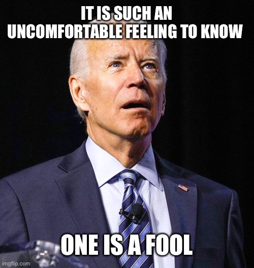 Joe Biden | IT IS SUCH AN UNCOMFORTABLE FEELING TO KNOW; ONE IS A FOOL | image tagged in joe biden | made w/ Imgflip meme maker