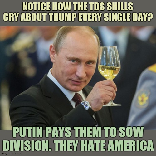 These traitors get paid in rubles and pictures of their beloved Putin. They absolutely suck. | NOTICE HOW THE TDS SHILLS CRY ABOUT TRUMP EVERY SINGLE DAY? PUTIN PAYS THEM TO SOW DIVISION. THEY HATE AMERICA | image tagged in putin cheers | made w/ Imgflip meme maker