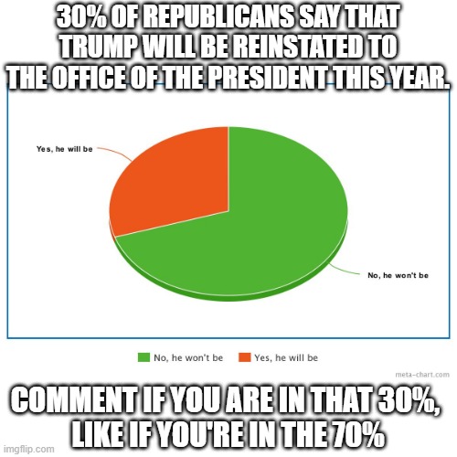 If you're in that 30%, comment with WHY you think he will be | 30% OF REPUBLICANS SAY THAT TRUMP WILL BE REINSTATED TO THE OFFICE OF THE PRESIDENT THIS YEAR. COMMENT IF YOU ARE IN THAT 30%, 
LIKE IF YOU'RE IN THE 70% | image tagged in donald trump,conservatives,pie charts | made w/ Imgflip meme maker