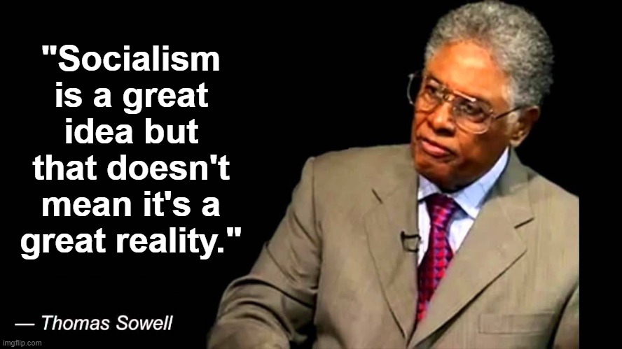 Thomas Sowell on socialism | "Socialism is a great idea but that doesn't mean it's a great reality." | image tagged in thomas sowell,socialism,bernie sanders,poverty,economic disparity | made w/ Imgflip meme maker