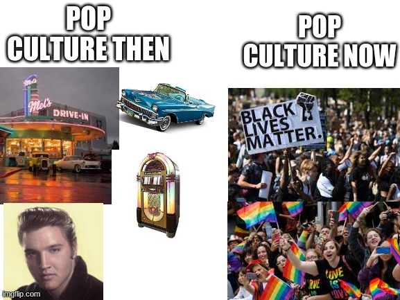 wth happened | POP CULTURE NOW; POP CULTURE THEN | image tagged in blank white template,conservatives,liberals,blm,lgbtq,pop culture | made w/ Imgflip meme maker