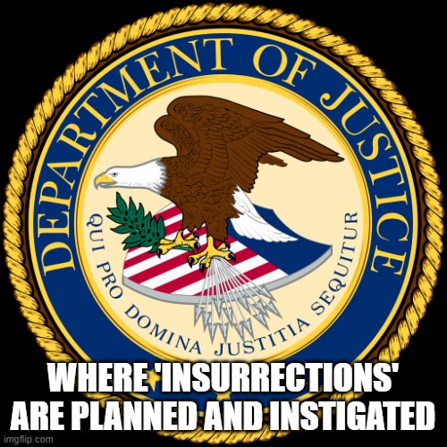crooked deep state | WHERE 'INSURRECTIONS' ARE PLANNED AND INSTIGATED | image tagged in department of justice | made w/ Imgflip meme maker