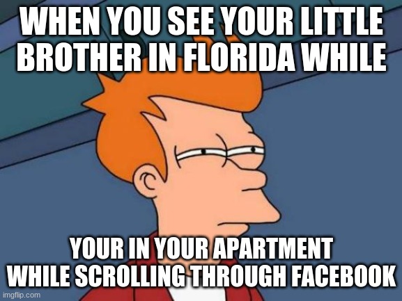 Futurama Fry | WHEN YOU SEE YOUR LITTLE BROTHER IN FLORIDA WHILE; YOUR IN YOUR APARTMENT WHILE SCROLLING THROUGH FACEBOOK | image tagged in memes,futurama fry | made w/ Imgflip meme maker