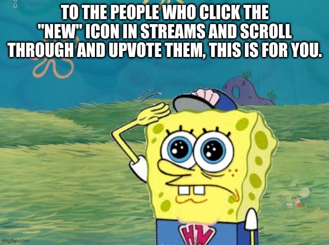 Spongebob salute | TO THE PEOPLE WHO CLICK THE "NEW" ICON IN STREAMS AND SCROLL THROUGH AND UPVOTE THEM, THIS IS FOR YOU. | image tagged in spongebob salute | made w/ Imgflip meme maker
